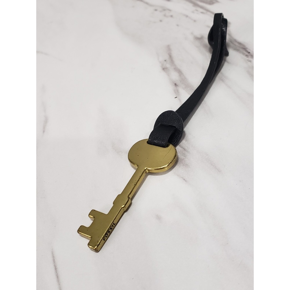 Vintage Brass Fossil Key Charm BLACK LEATHER STRAP KEYCHAIN ACCENT